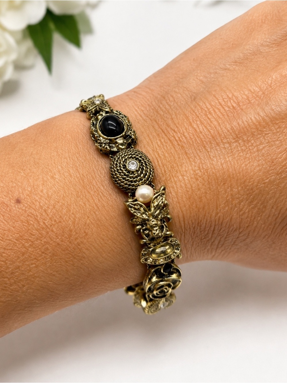 Vintage Assemblage Charm Bracelet – Antique Gold Tone Black Cabochon Faux Pearl
